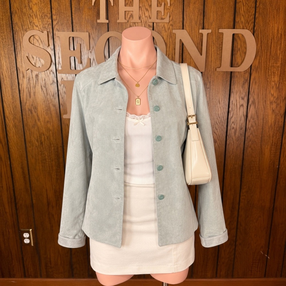90s Blue Suede Leather Jacket Valerie Stevens Women PL Minimalist Quiet Luxury
